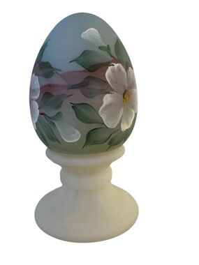 Satin glass hand painted floral egg on pedestal signed